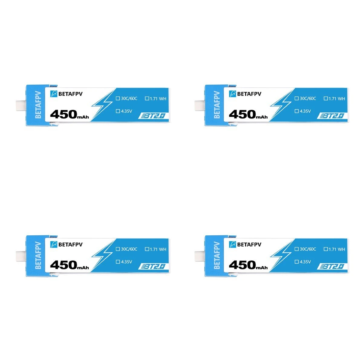 BetaFPV 3.8V 1S 450mAh 30C LiHV Whoop/Micro Battery 4 Pack - BT2.0 - Image 2